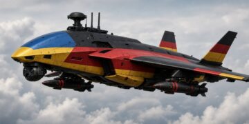 Futuristsiches Kampfflugzeug in den FArben der Ukraine und der Bundesrepublik. KI generiert mit GROK