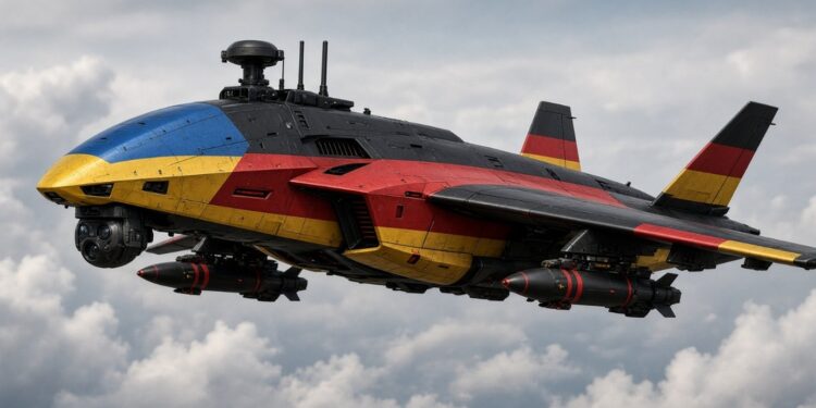 Futuristsiches Kampfflugzeug in den FArben der Ukraine und der Bundesrepublik. KI generiert mit GROK