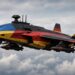 Futuristsiches Kampfflugzeug in den FArben der Ukraine und der Bundesrepublik. KI generiert mit GROK
