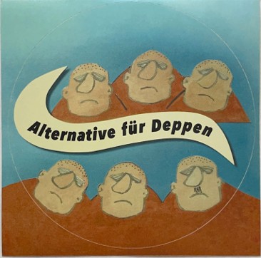 6 mismutige gesichter in braunen Hemden, dazischen die Aufschrift "Alternative für Deppen"