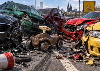 Autoumfall mit 5 zertrümmerten Autos und einem braunen Bobby-Car ähnlichen Kinderauto als Verursacher