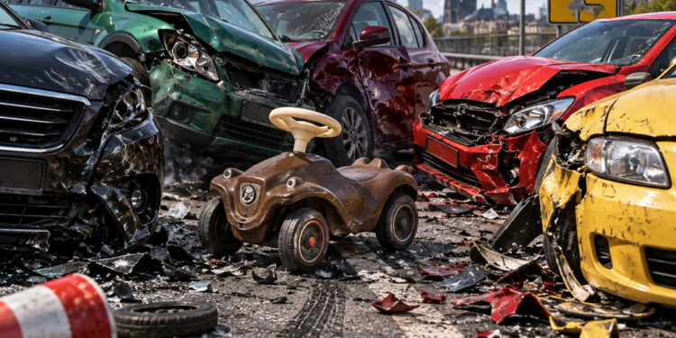 Autoumfall mit 5 zertrümmerten Autos und einem braunen Bobby-Car ähnlichen Kinderauto als Verursacher
