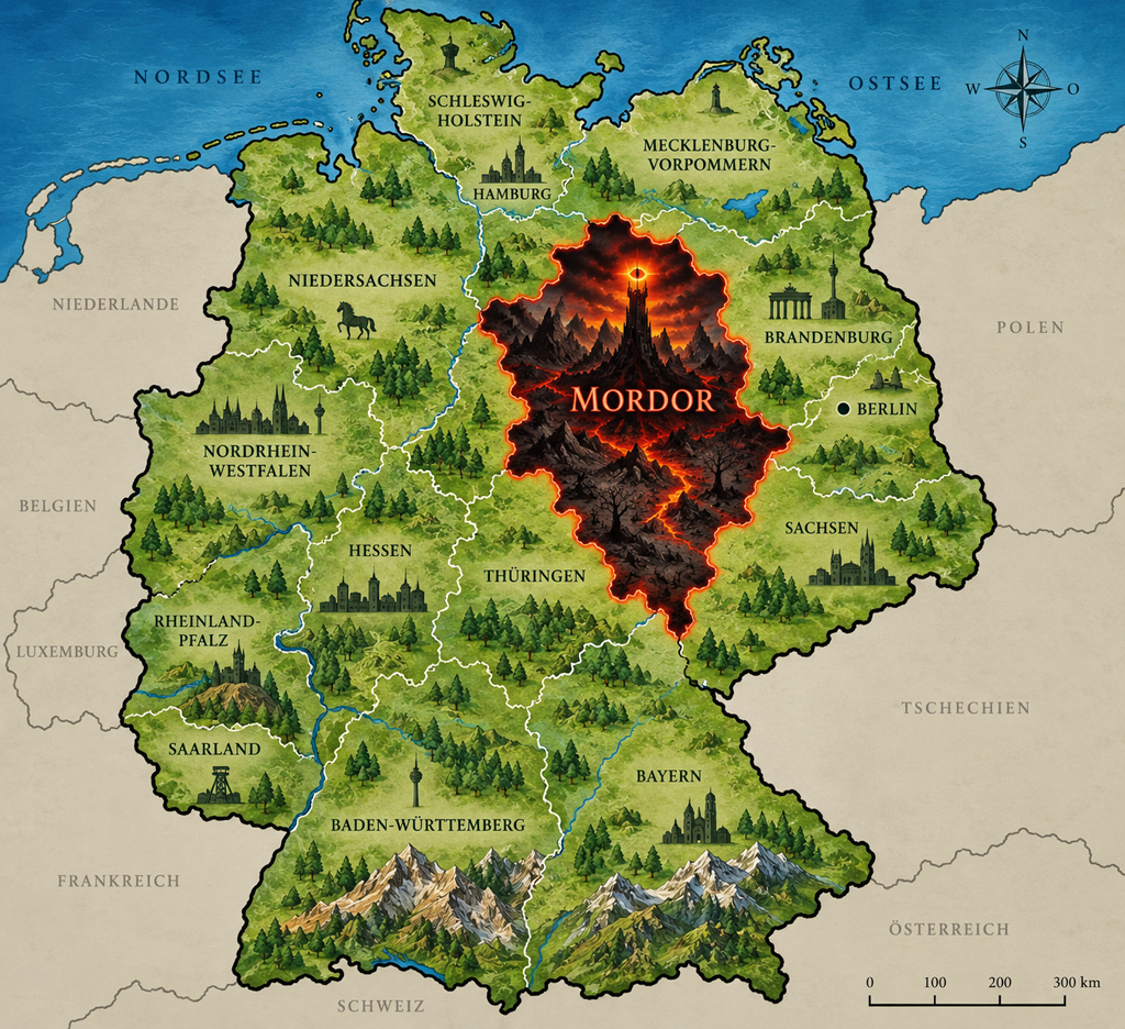Deutschlandkarte mit Mordor in den Grenzen von Sachsen-Anhalt, KI generiert mit ChatGPT