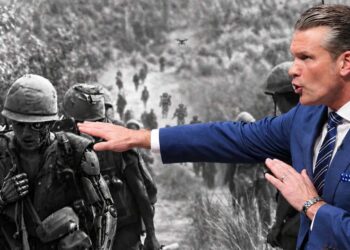 Kriegsminsiter Hegseth mit Robotersoldaten, KI generiert mit ChatGPT