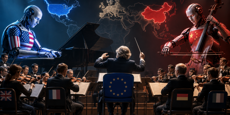BIld zum Thema "Die KI-Rivalität zwischen den USA und China, und wo Europa im Orchester sitzt", KI generiert mit ChatGPT